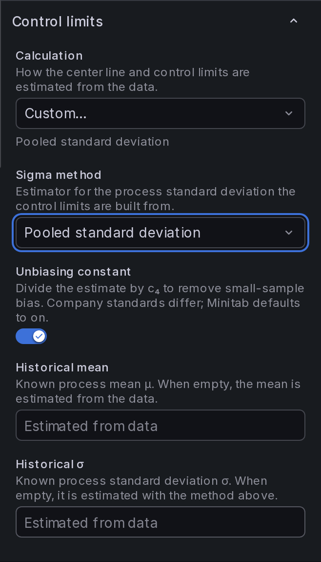 Control limits section expanded, showing sigma method, unbiasing constant, and historical parameter inputs